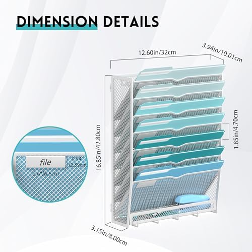 8-Tier Wall File Organizer and Mail Organizer with 5 Hooks, White