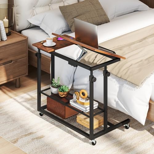 Giantex Mobile Standing Desk, Adjustable Rolling Computer Desk w/Tilting Desktop & Storage Shelves, PC Laptop Table, Small Compact Desk on Wheels for Small Space, Living Room & Bedroom (Rustic Brown)