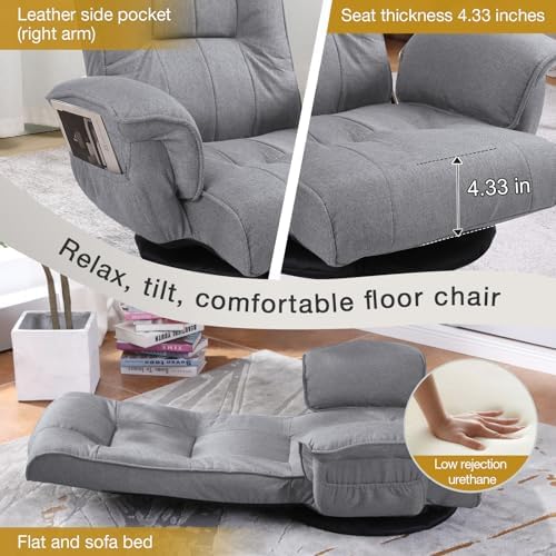 Ergonomic Swivel Floor Gaming Chair with Armrests & Side Pockets, 6-Position Reclining Sofa Bed, Foldable Padded Lounger with Thick Cushion & Lumbar Support for Esports, Reading, TV Watching, Beige