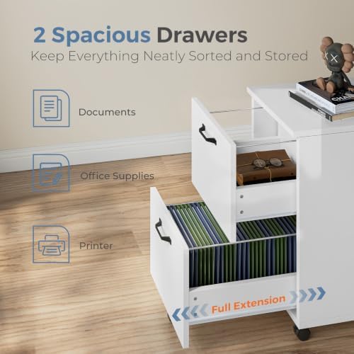 DUMOS 2 Drawer Rolling File Cabinet, Small Wood Filing Cabinet, White