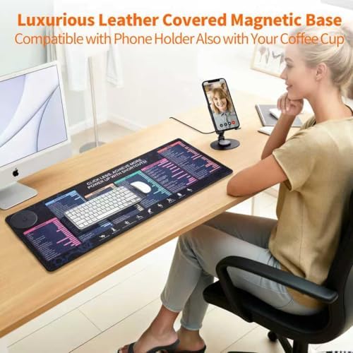 Office Pro Shortcuts Mouse Pad with Magnetic Wireless Charger & Holder Large Desk Mat with Keyboard Shortcuts with 15W Fast Qi Wireless Charging Compatible with iPhone Samsung Smartphones