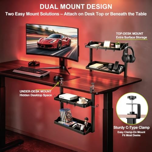 Clamp On Desk Shelf Organizer, 2-Tier Storage with Hooks