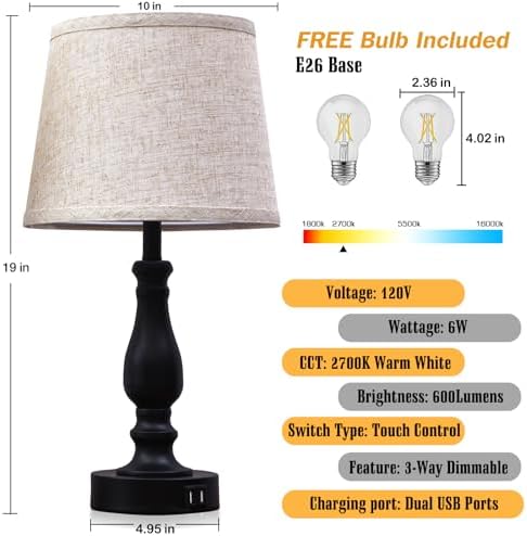 EJIAXIN Table Lamps Set of 2, Bedside Nightstand Lamps with USB Charging Ports,Dimmable Touch with Linen Fabric Lampshade, Modern Small Lamp for Bedrooms, Living Room (Bulbs Included)