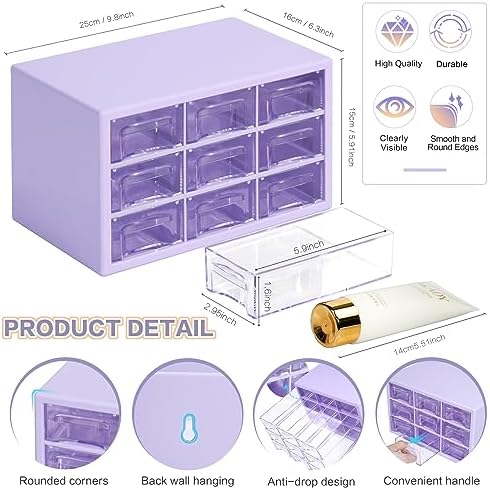 Desk Storage Organizer with 9 Drawers, Clear Plastic Storage Cabinet, Stackable Desk Storage Box for Makeup Office Craft Hardware Art Supplies,9.8x6.3x5.9inch(Purple)