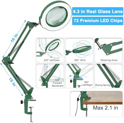 10X Magnifying Glass with Light and Clamp, Real Glass Stand Lighted Magnifier, 5 Color Modes Stepless Dimmable LED Desk Lamp Hands Free for Crafts Hobby Reading Painting Sewing Close Work - Green