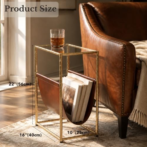 Narrow Side Table with Leather Storage Holder Gold End Table
