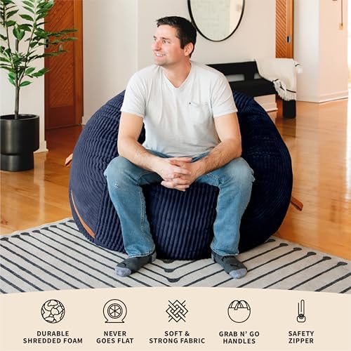 Big Joe Fuf 5Ft Foam Bean Bag Chair for Adults and Teens, Ideal for Bedroom and Living Room, Midnight Blue, Corded Plush, 5 feet Big