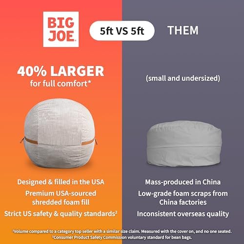 Big Joe Fuf 5Ft Oversized Foam Bean Bag Chair with Removable Cover for Kids, Teens, Adults, Merlot Cloudweave, 5 Foot Large Reading and Gaming Seat