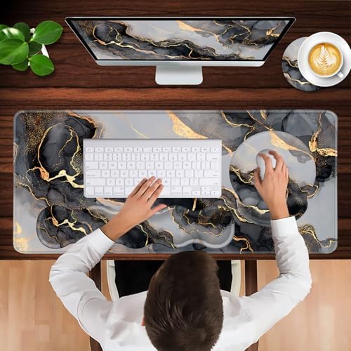 Mouse Pad,Large Pink Desk Mat, 4in1 XXL Mousepad + Keyboard Wrist Rest+Mouse Wrist Rest+Coaster Set with Ergonomic Desk Pad for Home Office Table Computer-Black Golden Marble
