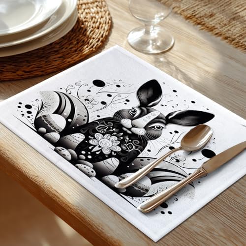 Shrahala Bunny Eggs Set of 6 12 X 18 Inch Linen Placemats, Decorative Bunny with Eggs Burlap Table Mat Washable Double Layered Heat Insulation for Indoor/Outdoor