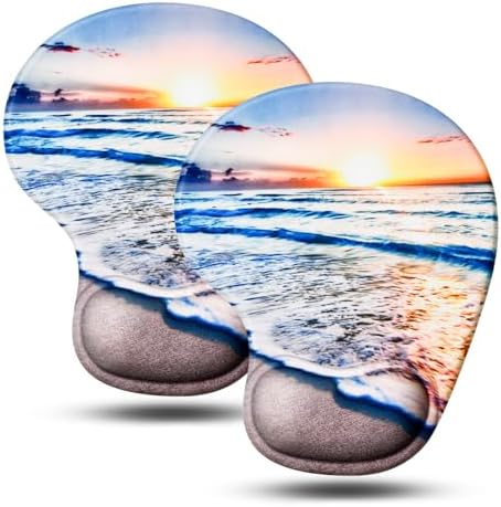JIKIOU Ergonomic Mouse Pad with Gel Wrist Rest 2 Pack, Portable Small Beach