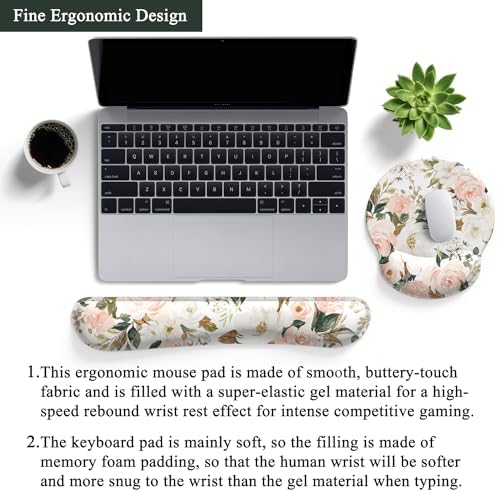Pink Flower Desktop Mat Aesthetic Wrist Support Keyboard Mouse Wrist Rest Set, Computer Office Comfortable Wrist Rest for Mouse Easy Typing & Pain Relief, Ergonomic Computer Mouse Pad with Pu Base.