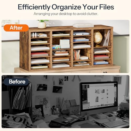 HOOBRO Literature Organizers, 24 Compartments Office Mailbox with Adjustable Shelves, Wood Countertop Literature Sorter for Office, Home, Classroom, Mailrooms Organization Rustic Brown FG64WF01