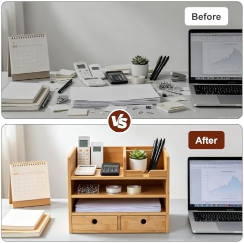 Bamboo Desk Organizer with Drawers, Makeup Storage for Home Office