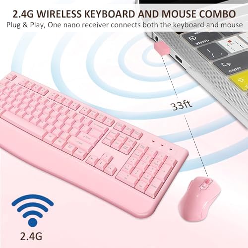 EDJO Wireless Keyboard and Mouse Combo, USB Plug & Play (Pink)