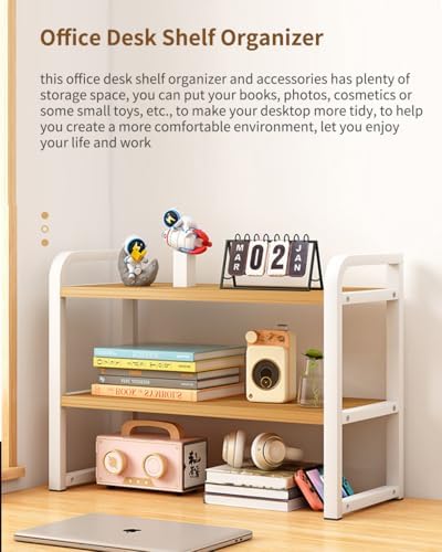 Office Desk Shelf Organizer, Wood Desktop Bookshelf Supplies Storage Rack, Shelf for Top of Desk and Dresser and Cubicle Decor Aesthetic Bookshelf (Black Black-Two Tier)