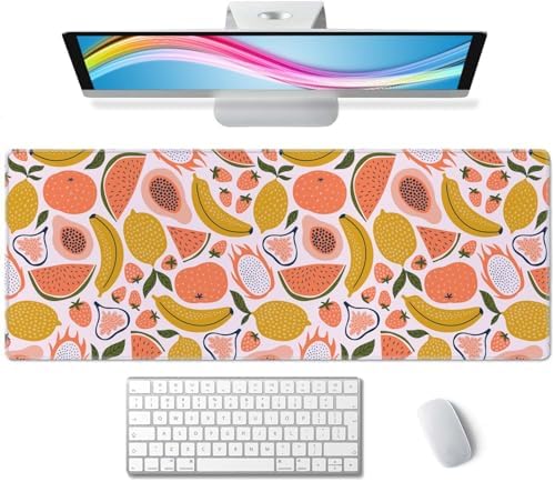 Fruit Desk Mat Yello Pink XL Mouse Pad Large Full Desk Mousepad Gaming Extended Keyboard Mouse Mat Desk Pad for Computer Laptop 31.5''X11.8'' Non-Slip Rubber Base with Stitched Edges