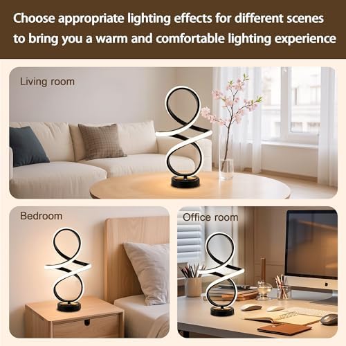 Modern Small Table Lamp with LED Spiral Design, 12W Black Nightstand Lamp