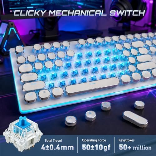 RK ROYAL KLUDGE S108 Typewriter Mechanical Keyboard, Retro Wired Gaming Keyboard with Number Pad and Detachable Wrist Rest, 108 Keys Full Size PC Game Keyboards, Clicky Blue Switch, Blue Backlit White