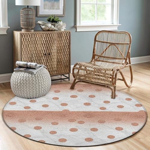 Large Machine Washable Circular Rugs, Home Decor Round Mat for Living Room Sofa Office Modern Rose Gold Pink Glitter Dots White Marble, 60inch