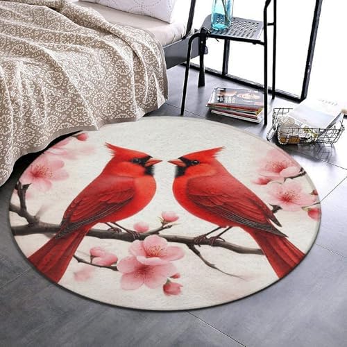 Soft Round Yoga Carpet, Large Home Decor Mat, Non Slip Machine Washable Kitchen Office Circle Rug Cherry Flower Floral Blossom Red Cardinal Branch
