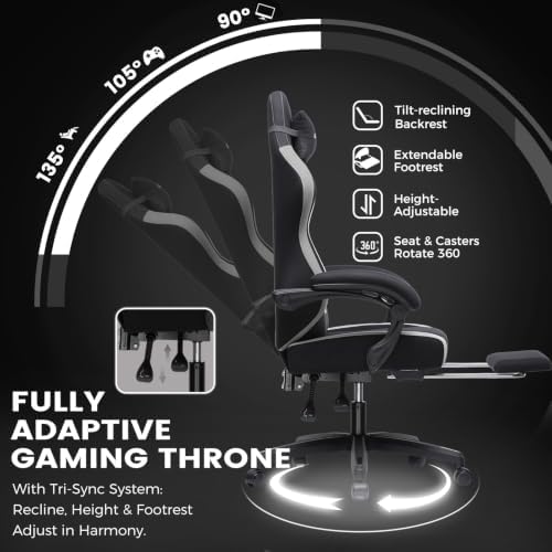 GTPLAYER Gaming Chair Fabric with Pocket Spring Cushion, Big and Tall Gamings Chairs 350LBS High Back Computer Chair with Footrest for Adults Lumbar Support Swivel Game Chair for Office Black
