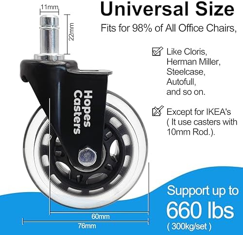 HOPES Office Chair Wheels Replacement Set of 5 – Heavy Duty Rubber Casters, Smooth & Quiet Rolling for Hardwood Floors and Carpet, Universal Stem, No Floor Mat Needed (Black, 3inch-660lbs)