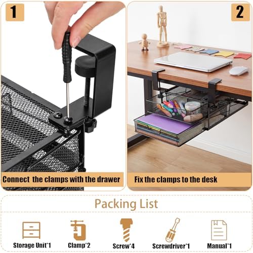 Cedilis Under Desk Drawer Organizer Slide Out, 2-Tier Metal Under Table Storage Drawers Clamp On for Home Office, Black, No Drilling