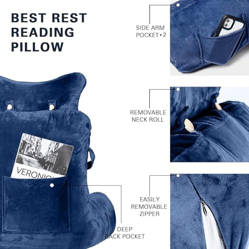 SLIGUY Reading Pillow-Extra Large 31" Bed Rest Pillow with Detachable Neck Roll & Arms for Sitting in Bed or Couch-Adult Backrest Reading Pillow for Reading/Watching TV/Gaming/Relaxing-Dark Blue