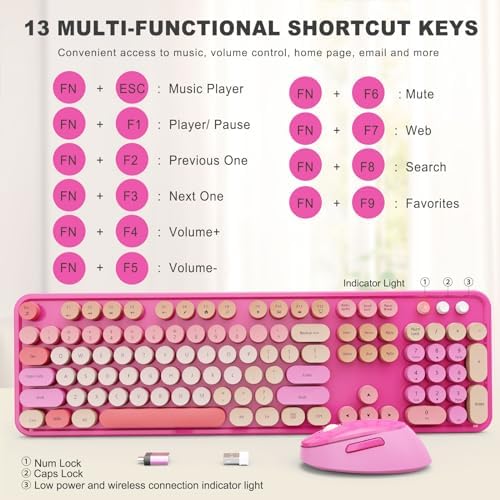 SkyGive Wireless Keyboard and Mouse Combo, Ergonomic Full Size Typewriter Retro Round Keycaps Keyboard, Compatible with Windows, PC, Perfer for Home and Office Keyboards （Red）