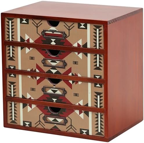 Boho Navajo Wooden Desk Organizer with Drawers – 4-Drawer Desktop Storage Box – Rustic Tribal Wood Desk Organizer for Office, Vanity, or Craft Supplies – Compact & Stylish Wooden Storage Drawers
