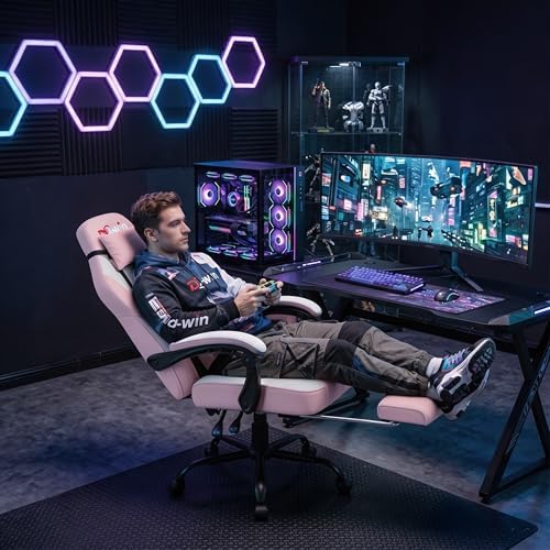 Shintenchi Big and Tall Gaming Chair Fabric Pocket Spring Cushion, High Back Recliner with Footrest and Headrest for Adults, Massage Lumbar Support for Home Office, Ergonomic Computer Desk Chair, Pink