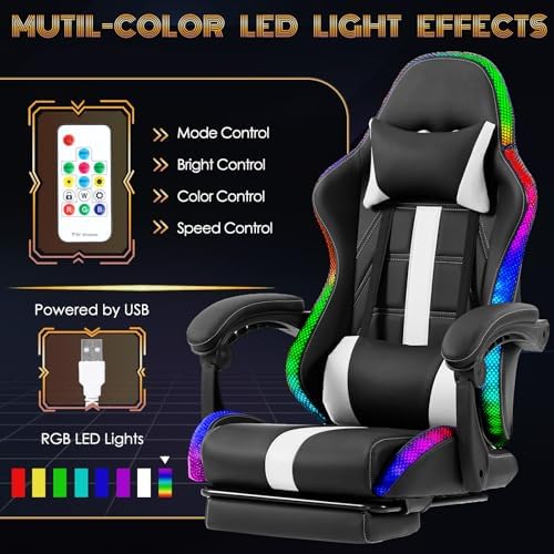 ECOTOUGE Gaming Chair with Footrest, Lumbar Massage & RGB LED Lights, White
