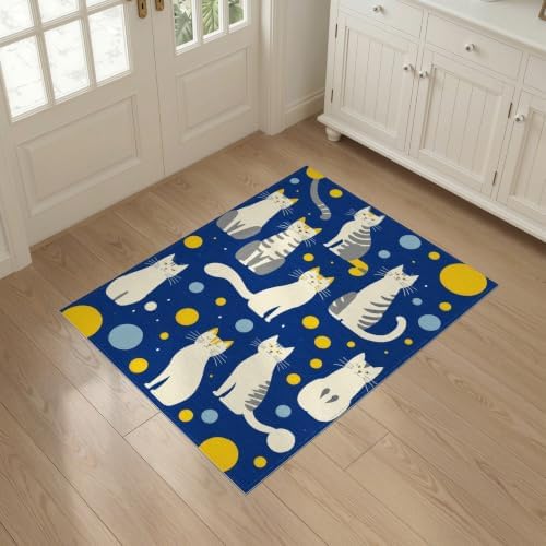 3'x5' Blue Yellow Cat Symphony with Golden Washable Throw Rug