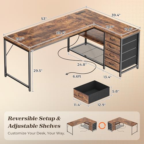 PRAISUN 53" L Shaped Desk with Power Outlets & 4 Drawers