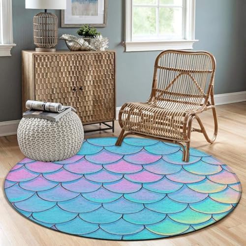 Home Decor Non Slip Kitchen Office Circle Rug, Machine Washable Modern Round Area Rug, Room Sofa Yoga Soft Round Carpet Beautiful Mermaid Fish Scale