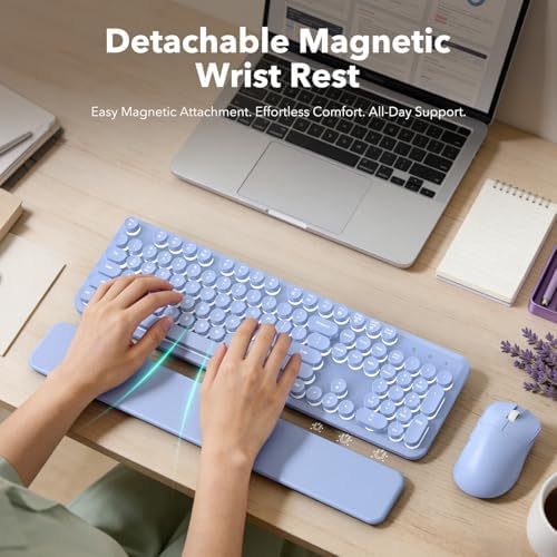 Wireless Keyboard and Mouse Combo, Backlit Round Keycaps, Retro Typewriter Keyboard with Detachable Wrist Rest, Rechargeable & Tilt Legs, 2.4GHz Cordless Connection for Windows/PC (Glowing Purple)