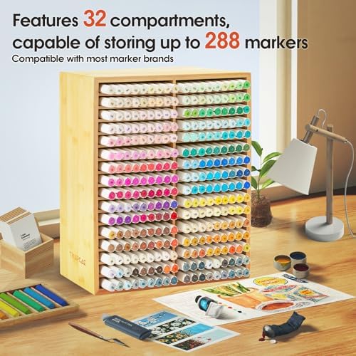 Marker Organizer for 288 Markers,Bamboo Wooden Desk Storage Organizer Rack,Markers Pens Pencils Art Brushes Storage Holder for Home Classroom Office Decor