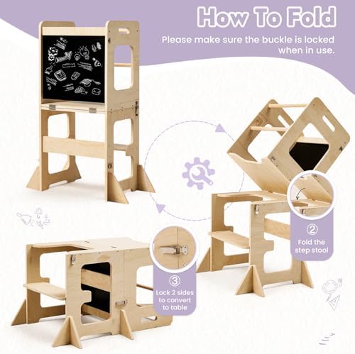 labebe Toddler Standing Tower for 12M+, Montessori Foldable Learning Standing Tower with Blackboard, Anti-tip Structure Design,Wooden Kitchen Step Helper Stool for 1-3 Year Old Boy Girl Gift