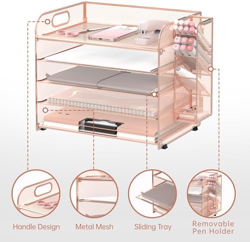 5-Tier Paper Organizer for Desk with Pen Holders, Letter Trays, Rose Gold