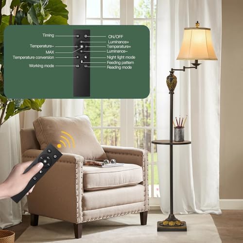 Traditional Floor Lamp with Tray, Remote Dimmable, 350°Swing Arm,Black Gold