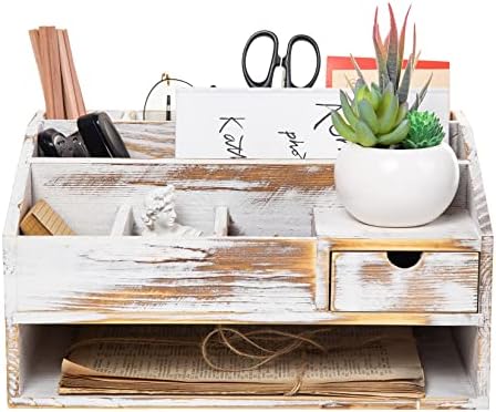 Wood Desk Drawer Organizers with File Organizer Pen holder Office Decor combo Organization Home Can Arrange calculators scissors pens note papers, etc. (washed white)