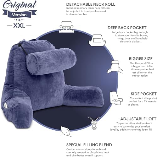 Husband Pillow XXL The Original for Adults - 30" Tall Backrest for Sitting Up in Bed - Firm Support Reading & Bed Rest Pillows for Adults, Neck Roll, Removable Cover - TV - Dark Blue