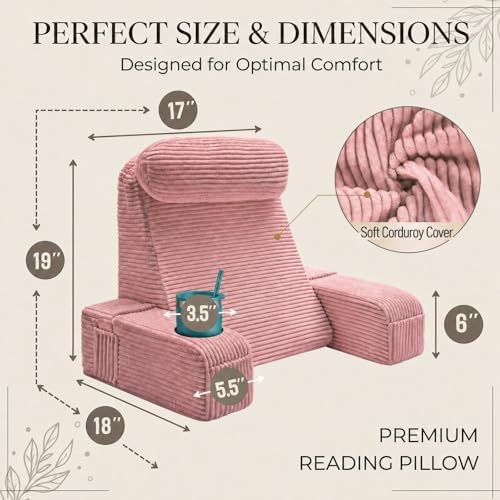 Reading Pillow for Adults, Back Pillow for Bed Sitting Up, Backrest Pillow for Sitting in Bed, Detachable Arms with Built-in Cup & Phone Caddy (Dusty Pink-Corduroy, 19 INCH)