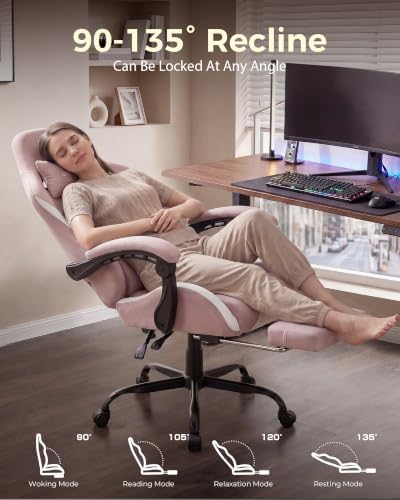 LUCKRACER Big and Tall Gaming Chair, 350Lbs Heavy Duty Office Chairs High Back Computer Chairs with Foot Rest Wide Cushion Lumbar Support Desk Chair Comfy for Adults Breathable Fabric, Pink