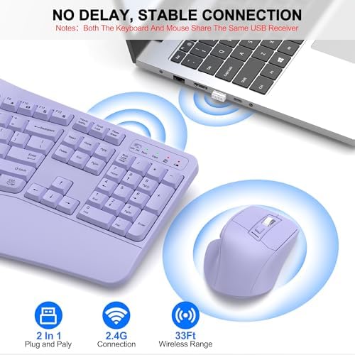 Wireless Keyboard and Mouse Combo, 2.4G Ergonomic Wave Keys(Purple)