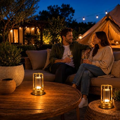 Cordless Table Lamp, Rechargeable LED Outdoor Table Lamp, Touch Control, 3 Color Temperatures, Stepless Dimming for Patio, Deck, Garden & Outdoor Dining, Gold