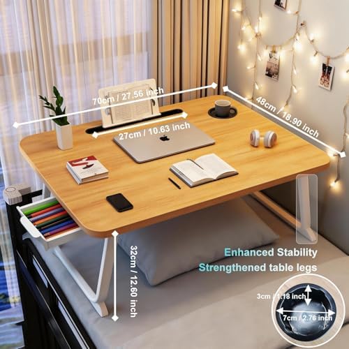 Lap Desk with Drawer, Tablet Slot, Cup Holder - Fits up to 18 Inch Laptops, Folding Bed Desk for Reading, Writing, Eating, Portable Laptop Table for Sofa, Coach, Floor (27.6", Walnut)