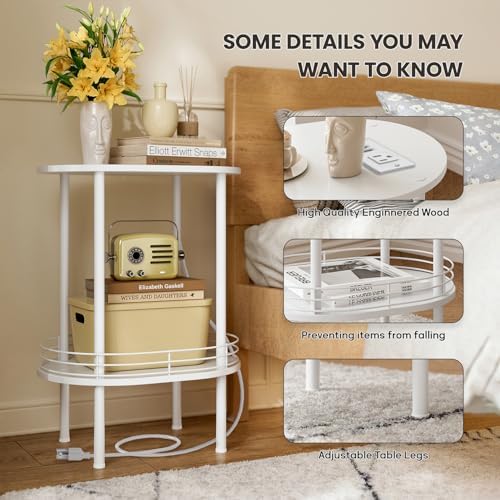 Small Oval Side Table with Charging Station, 2-Tier White Round End Table