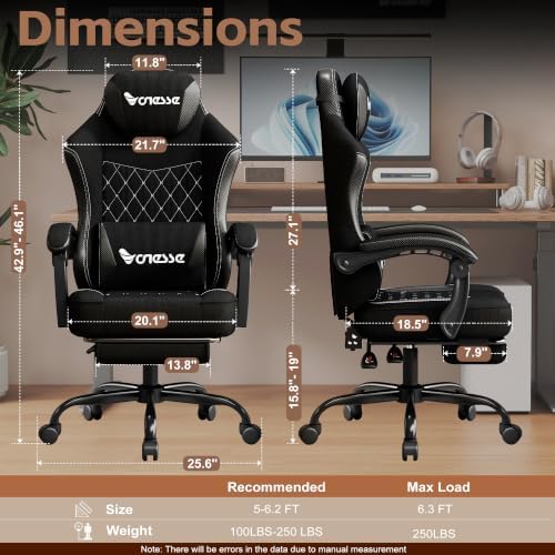 Vonesse Gaming Chair, Desk Chair with Linen Breathable Mesh Fabric, Office Chair with Adjustable Lumbar Support, Computer Chairs with Footrest and Headrest (Black)